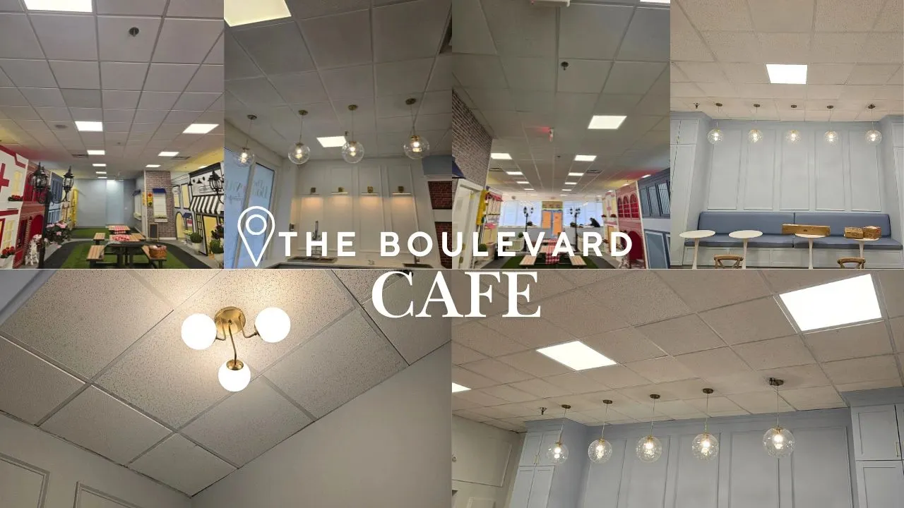 Collage of The Boulevard Cafe interior lighting after Covenant Electric's commercial build-out